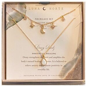 Luna Norte Druzy Quartz Celestial Charm Moon Star Heart Gold Necklace Set NWT